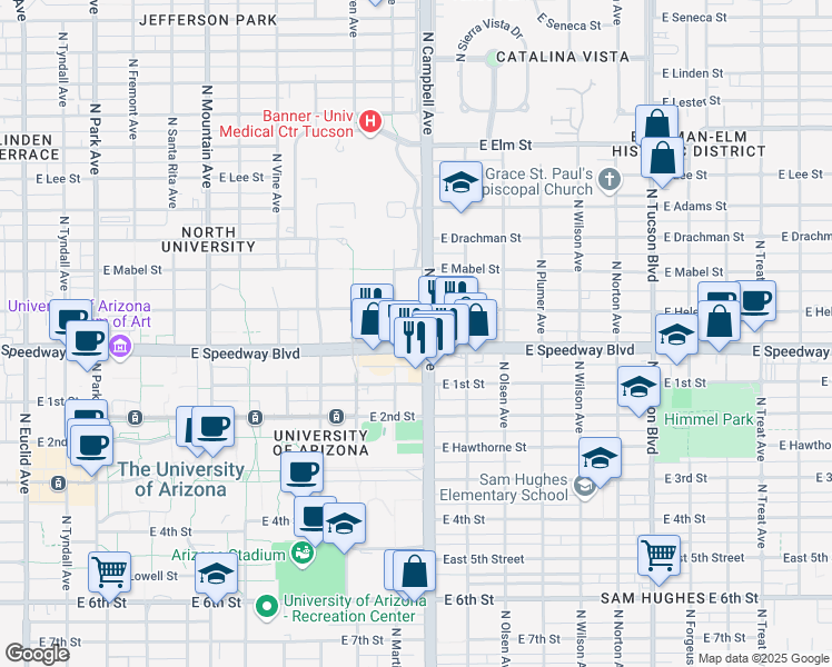 map of restaurants, bars, coffee shops, grocery stores, and more near 1107 North Campbell Avenue in Tucson