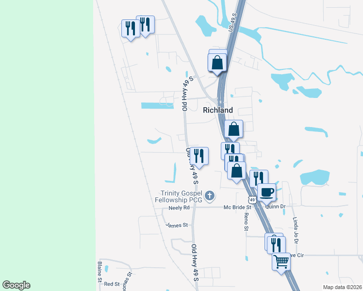 map of restaurants, bars, coffee shops, grocery stores, and more near 642-698 Old Highway 49 in Richland