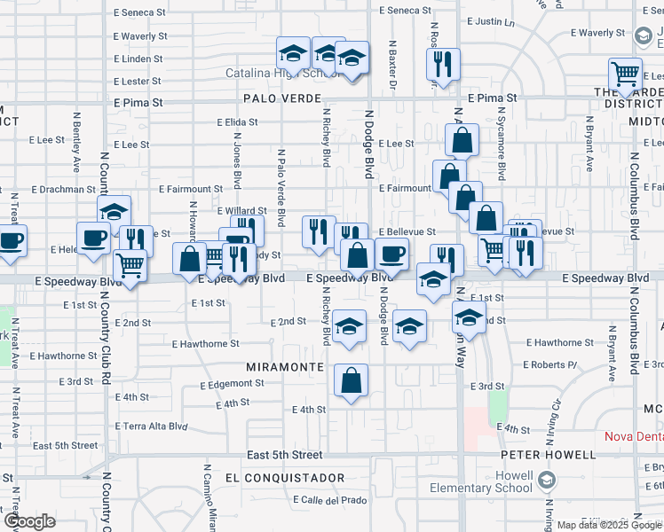 map of restaurants, bars, coffee shops, grocery stores, and more near 1130 North Richey Boulevard in Tucson