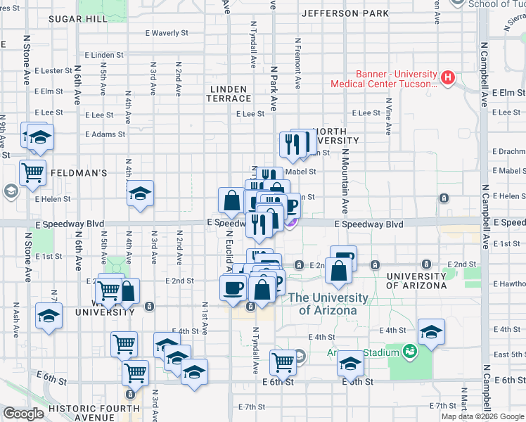 map of restaurants, bars, coffee shops, grocery stores, and more near 1128 North Tyndall Avenue in Tucson