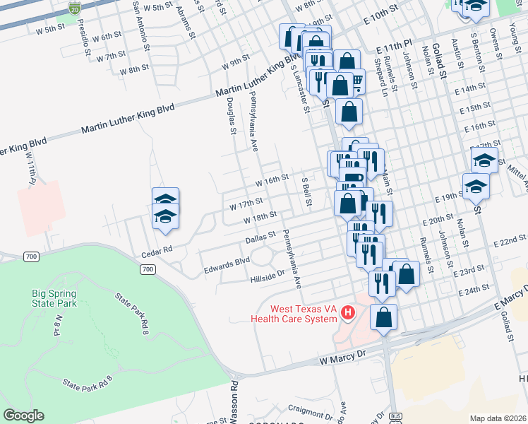 map of restaurants, bars, coffee shops, grocery stores, and more near 704 W 18th St in Big Spring