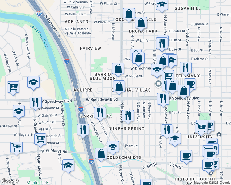 map of restaurants, bars, coffee shops, grocery stores, and more near 1128 North 13th Avenue in Tucson
