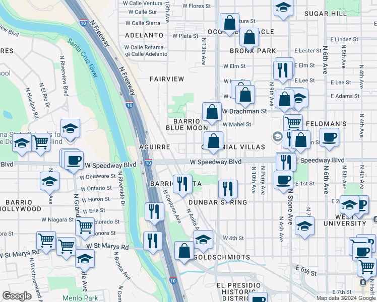 map of restaurants, bars, coffee shops, grocery stores, and more near 1124 North 14th Avenue in Tucson
