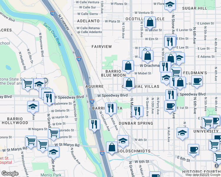 map of restaurants, bars, coffee shops, grocery stores, and more near 1124 North 14th Avenue in Tucson