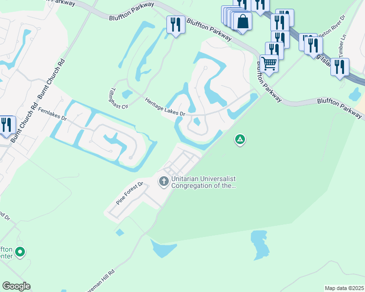 map of restaurants, bars, coffee shops, grocery stores, and more near 28 Essex Court in Bluffton