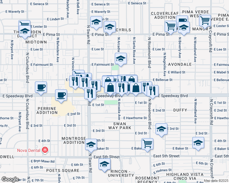 map of restaurants, bars, coffee shops, grocery stores, and more near 4871 East Speedway Boulevard in Tucson