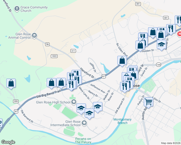 map of restaurants, bars, coffee shops, grocery stores, and more near 800 Hereford Street in Glen Rose