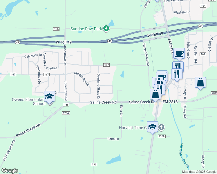 map of restaurants, bars, coffee shops, grocery stores, and more near 11341 Overland Trail in Tyler