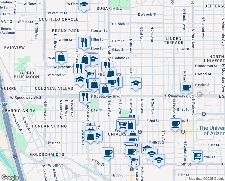map of restaurants, bars, coffee shops, grocery stores, and more near 1126 N 6th Ave in Tucson