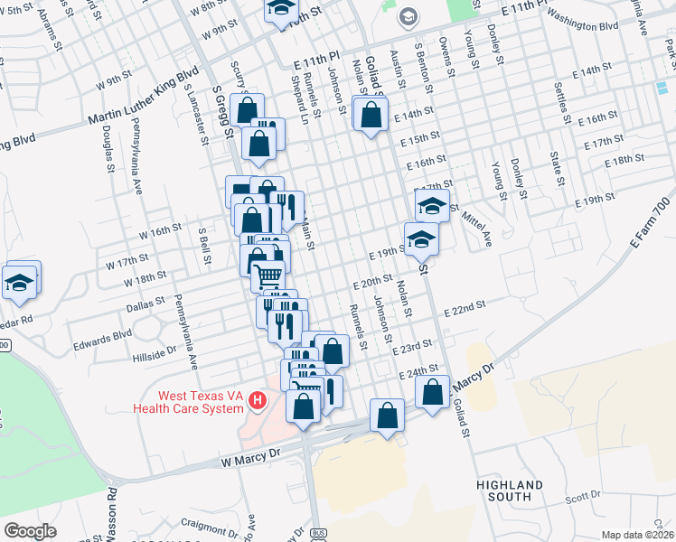 map of restaurants, bars, coffee shops, grocery stores, and more near 1900 Runnels Street in Big Spring