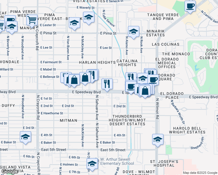 map of restaurants, bars, coffee shops, grocery stores, and more near 5975 East Speedway Boulevard in Tucson