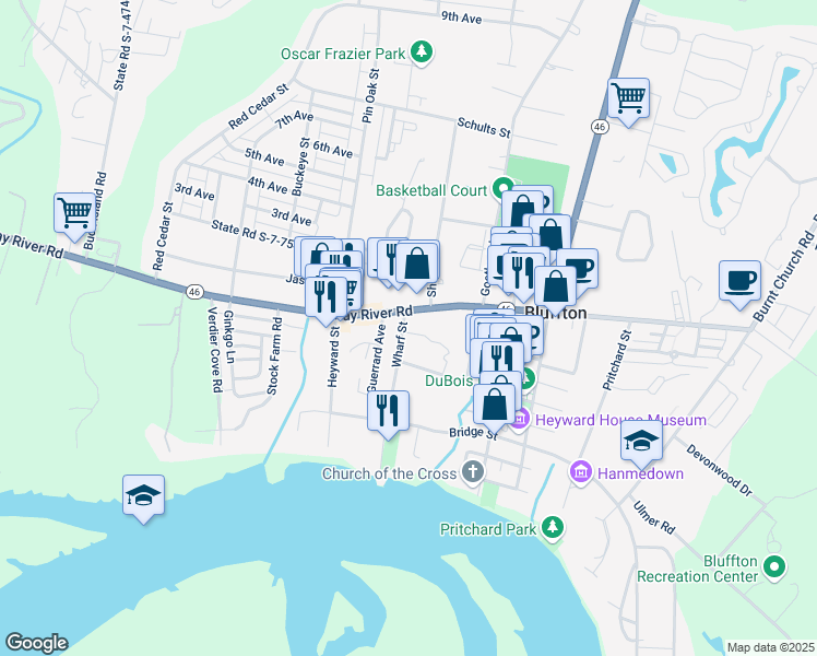 map of restaurants, bars, coffee shops, grocery stores, and more near 8 Wharf Street in Bluffton