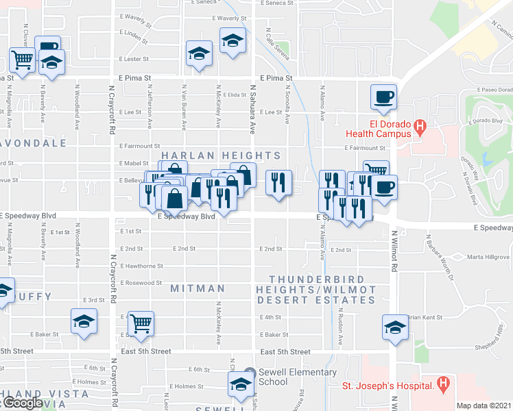 map of restaurants, bars, coffee shops, grocery stores, and more near 5905 East Speedway Boulevard in Tucson