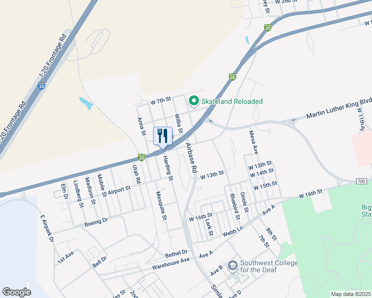 map of restaurants, bars, coffee shops, grocery stores, and more near 100 Airbase Road in Big Spring