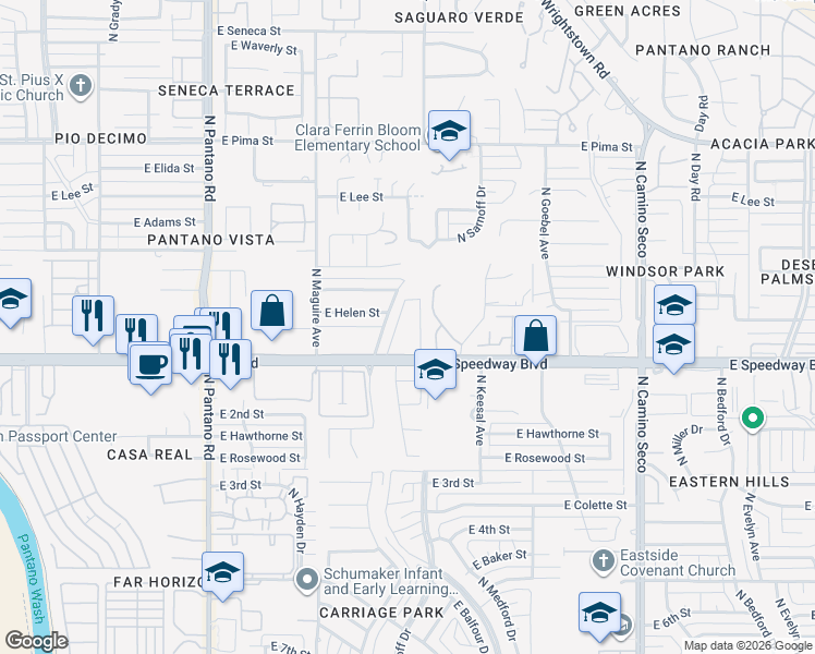 map of restaurants, bars, coffee shops, grocery stores, and more near 8225 East Speedway Boulevard in Tucson