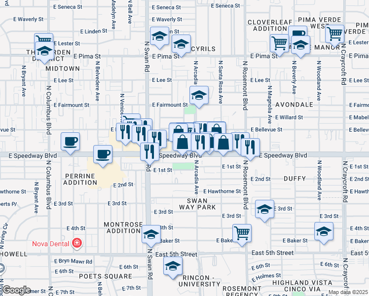 map of restaurants, bars, coffee shops, grocery stores, and more near 4871 East Speedway Boulevard in Tucson