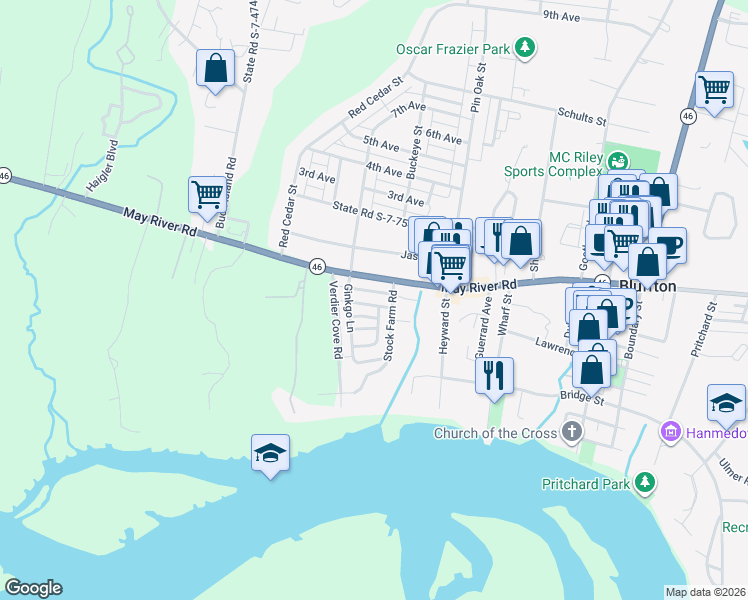 map of restaurants, bars, coffee shops, grocery stores, and more near 5797 Yaupon Road in Bluffton