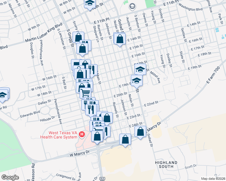 map of restaurants, bars, coffee shops, grocery stores, and more near 1900-1998 Runnels St in Big Spring