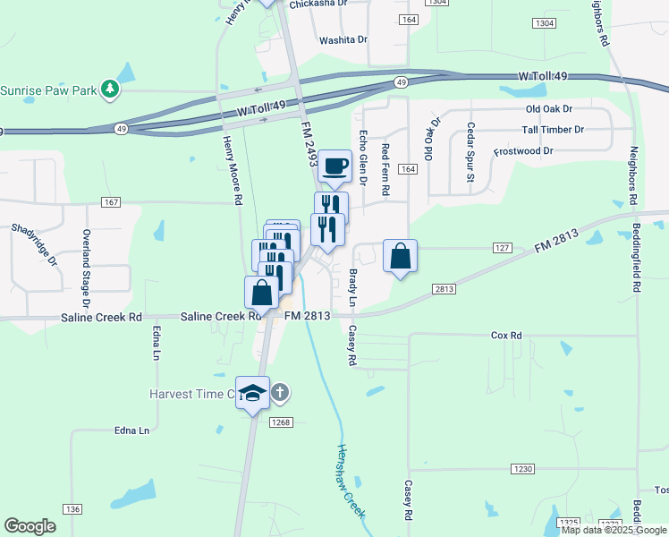 map of restaurants, bars, coffee shops, grocery stores, and more near 16735 Gresham Circle in Tyler