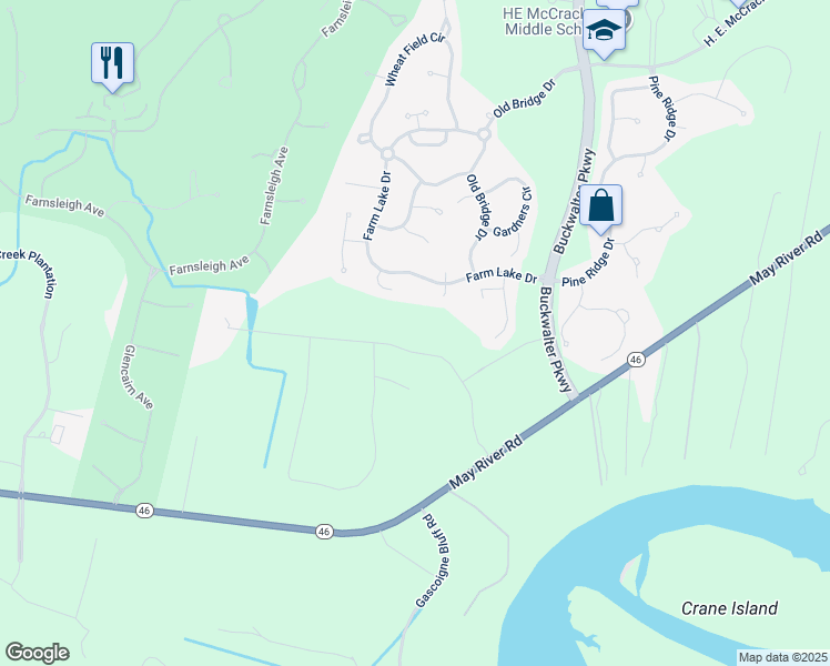 map of restaurants, bars, coffee shops, grocery stores, and more near 20 Bartons Run Drive in Bluffton