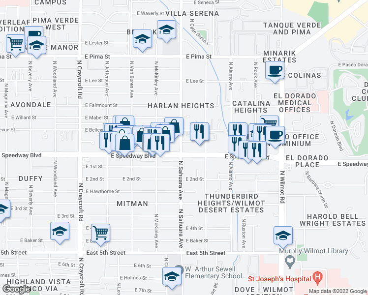 map of restaurants, bars, coffee shops, grocery stores, and more near 5905 East Speedway Boulevard in Tucson
