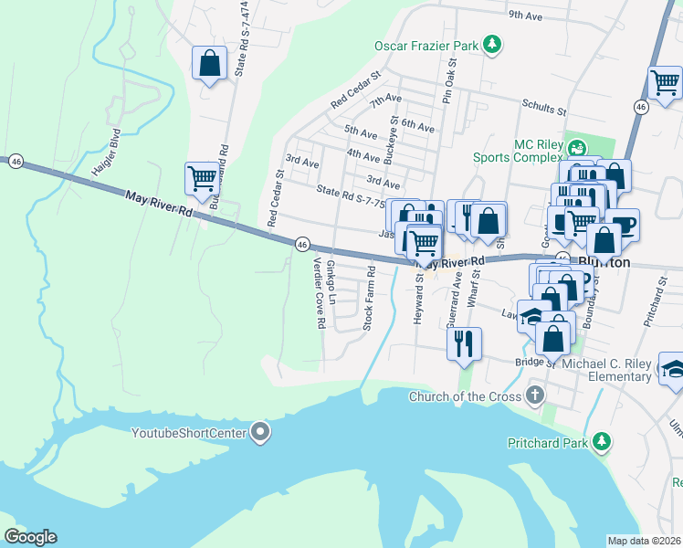 map of restaurants, bars, coffee shops, grocery stores, and more near 5797 Yaupon Road in Bluffton