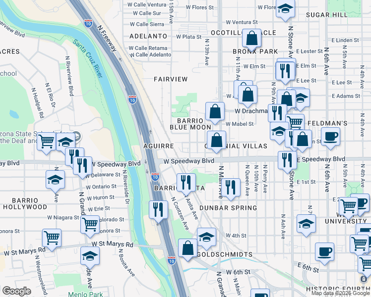 map of restaurants, bars, coffee shops, grocery stores, and more near 1124 North 14th Avenue in Tucson