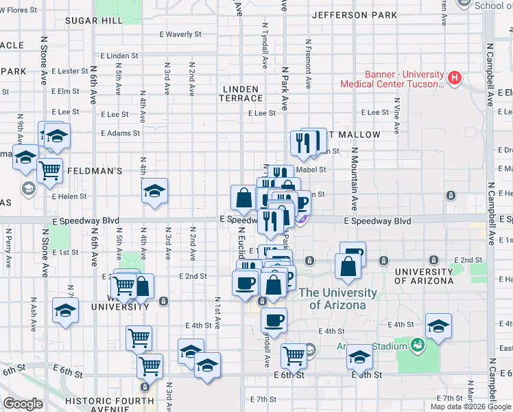 map of restaurants, bars, coffee shops, grocery stores, and more near 1128 North Tyndall Avenue in Tucson