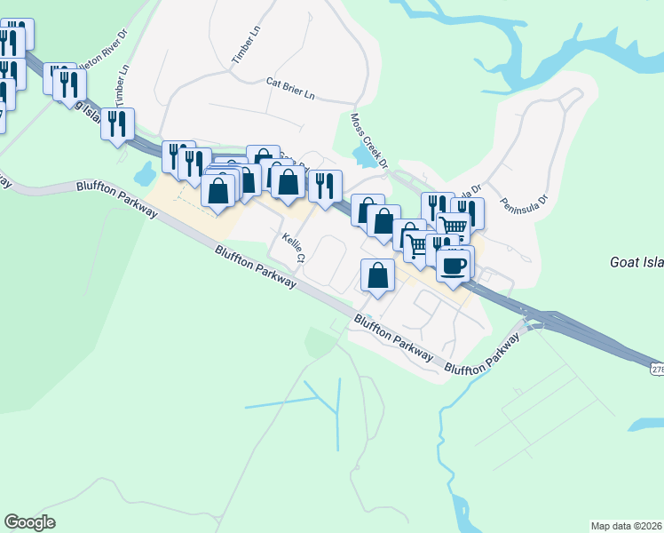 map of restaurants, bars, coffee shops, grocery stores, and more near 25 Edgewater Circle in Bluffton