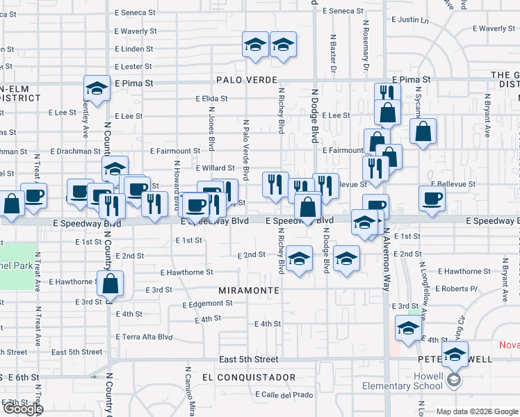 map of restaurants, bars, coffee shops, grocery stores, and more near 3501 East Speedway Boulevard in Tucson