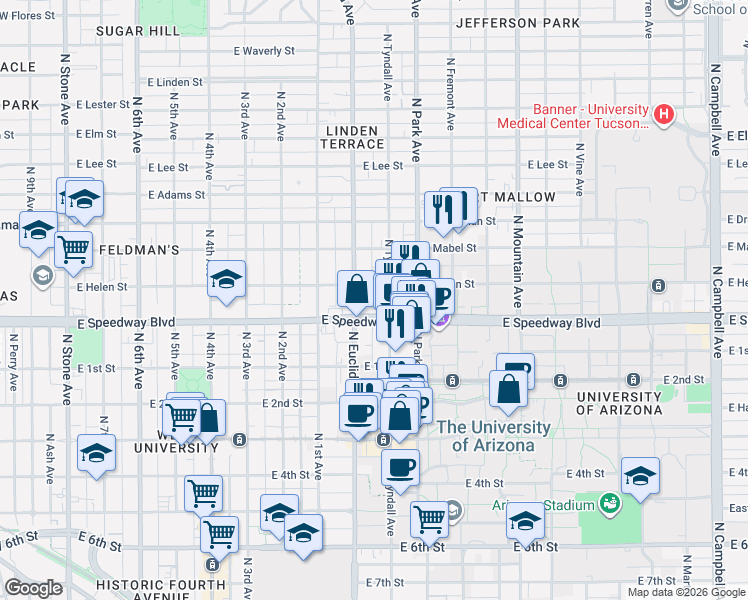 map of restaurants, bars, coffee shops, grocery stores, and more near 830 East Helen Street in Tucson