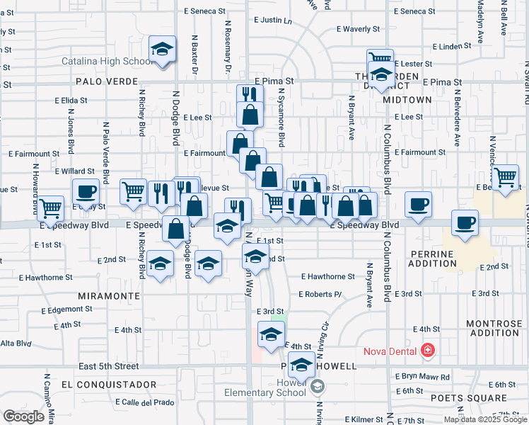 map of restaurants, bars, coffee shops, grocery stores, and more near 3939 E Speedway Blvd in Tucson