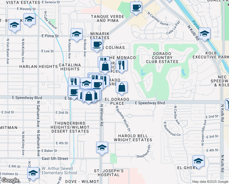 map of restaurants, bars, coffee shops, grocery stores, and more near 1111 North El Dorado Place in Tucson