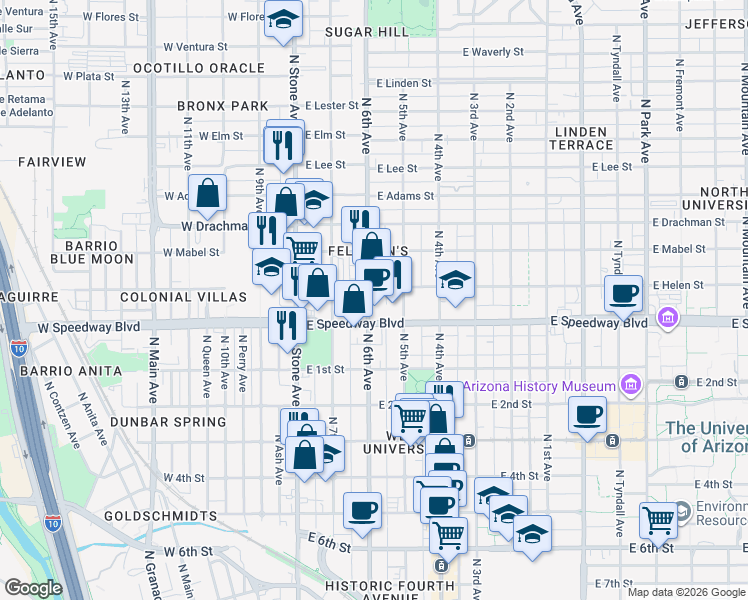 map of restaurants, bars, coffee shops, grocery stores, and more near 1126 North 6th Avenue in Tucson