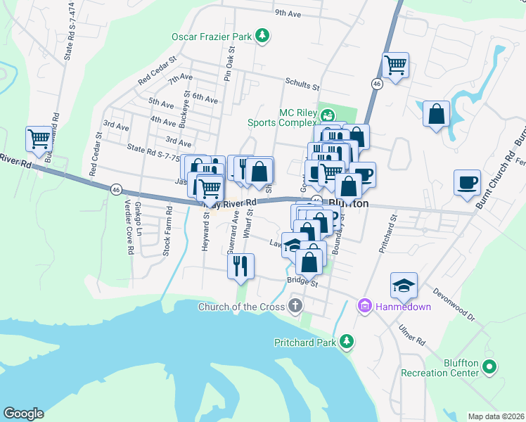 map of restaurants, bars, coffee shops, grocery stores, and more near 1270 May River Road in Bluffton