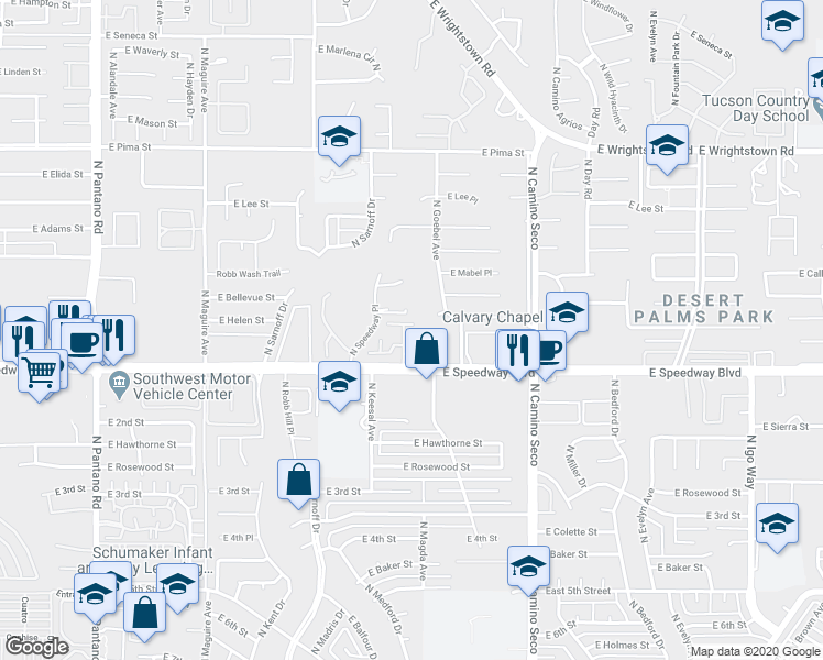 map of restaurants, bars, coffee shops, grocery stores, and more near 8472 East Agape Drive in Tucson