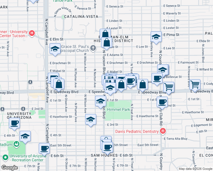 map of restaurants, bars, coffee shops, grocery stores, and more near in Tucson