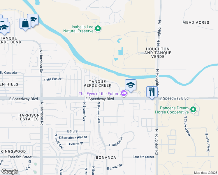 map of restaurants, bars, coffee shops, grocery stores, and more near 9971 East Speedway Boulevard in Tucson