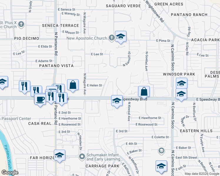 map of restaurants, bars, coffee shops, grocery stores, and more near 8225 East Speedway Boulevard in Tucson