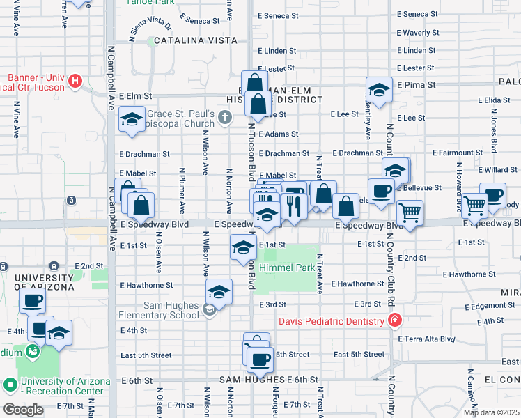 map of restaurants, bars, coffee shops, grocery stores, and more near in Tucson