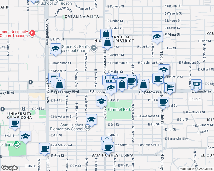 map of restaurants, bars, coffee shops, grocery stores, and more near in Tucson