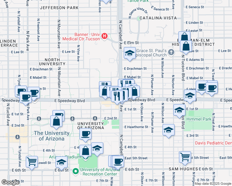 map of restaurants, bars, coffee shops, grocery stores, and more near 1107 North Campbell Avenue in Tucson