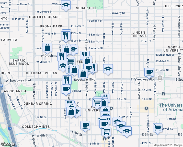 map of restaurants, bars, coffee shops, grocery stores, and more near 1126 North 6th Avenue in Tucson