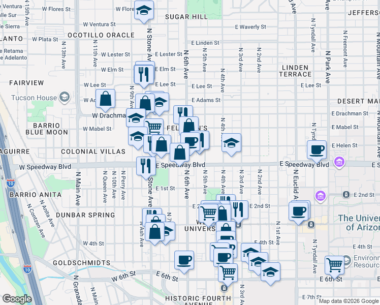 map of restaurants, bars, coffee shops, grocery stores, and more near 1126 North 6th Avenue in Tucson
