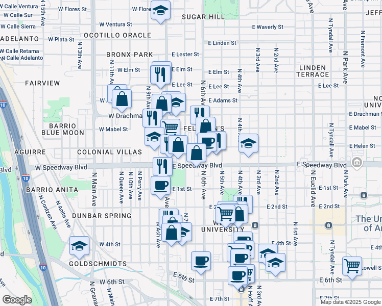 map of restaurants, bars, coffee shops, grocery stores, and more near 110 East Helen Street in Tucson