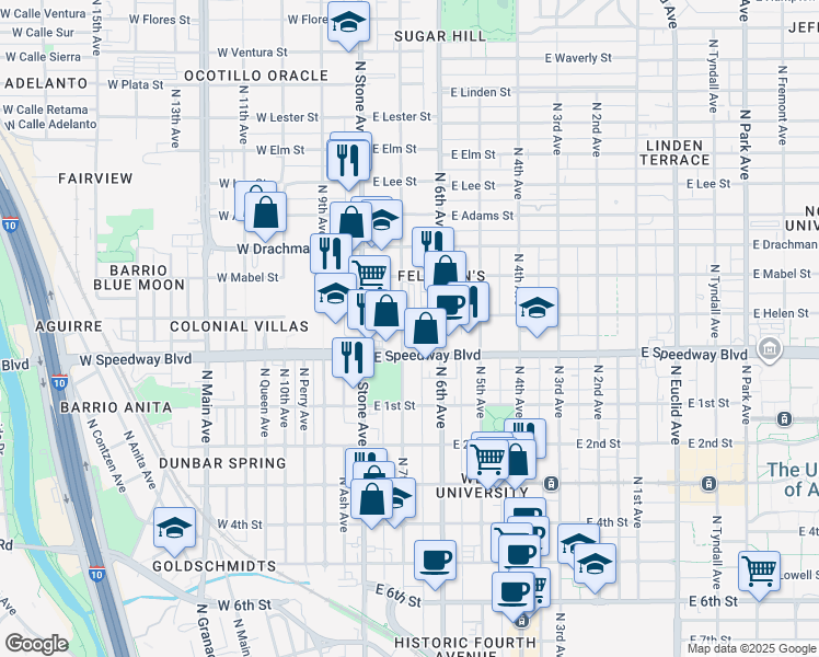 map of restaurants, bars, coffee shops, grocery stores, and more near 110 East Helen Street in Tucson