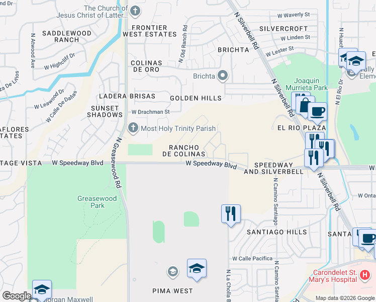 map of restaurants, bars, coffee shops, grocery stores, and more near 1180 North Falcon Ridge Drive in Tucson