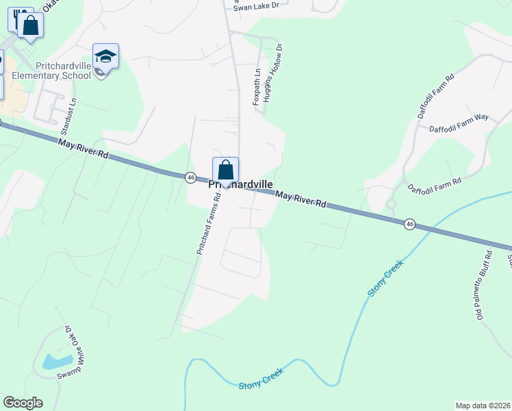 map of restaurants, bars, coffee shops, grocery stores, and more near 1 King George Road in Bluffton