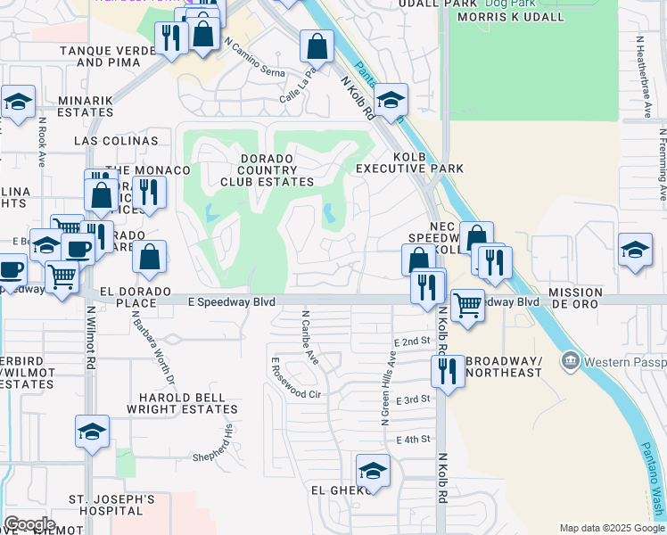 map of restaurants, bars, coffee shops, grocery stores, and more near 6893 East Camino Del Dorado in Tucson