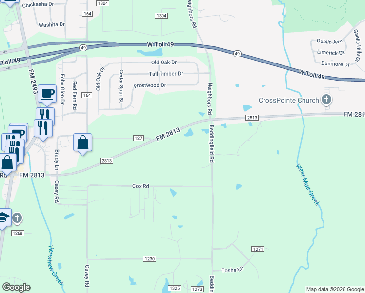 map of restaurants, bars, coffee shops, grocery stores, and more near 10101 Farm to Market Road 2813 in Flint